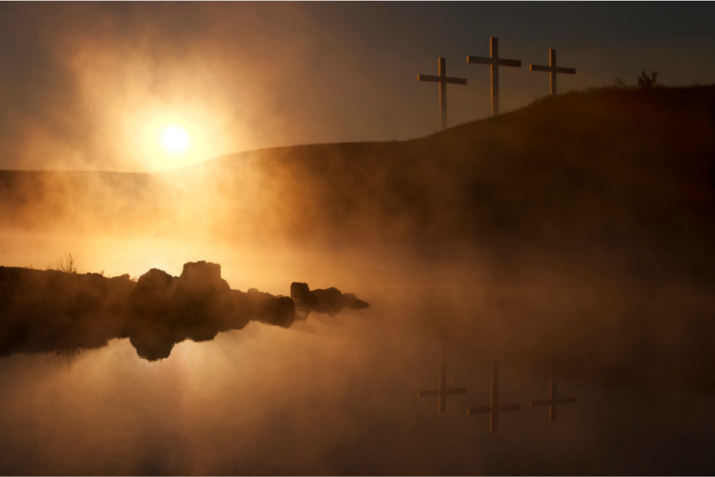 Sunrise over 3 crosses.