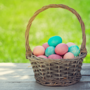 Dyed Easter eggs in a basket.